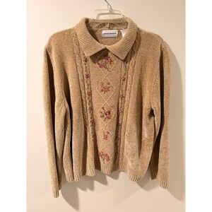 Alfred Dunner VTG Cable Knit Floral Embroidered Collared Sweater Womens Large